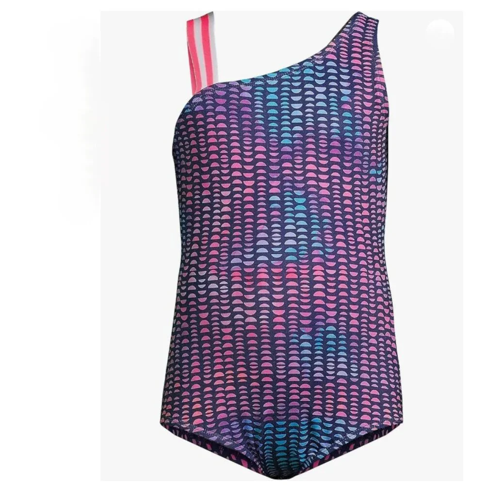 Lands' End Girl's One Shoulder One Piece Printed Colorful Sport Swimsuit Size 5